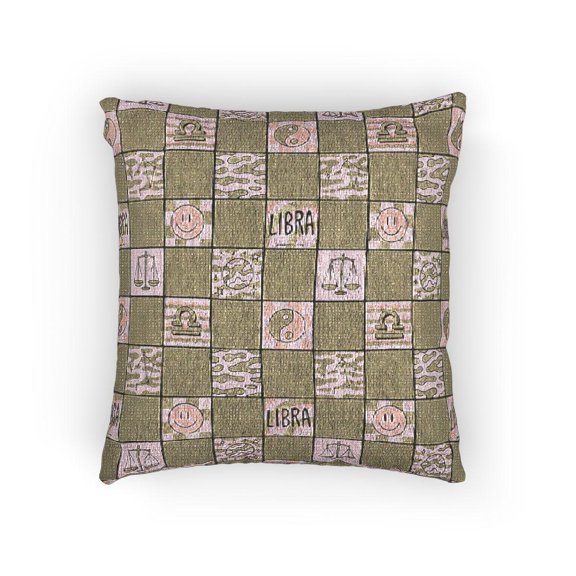 Libra Zodiac Symbols Olive Green and Pink Woven Pillow, Cotton-Polyester Shell, Retro Checkerboard Style