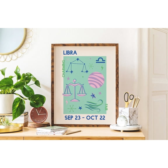 Libra Zodiac Trendy Astrology Blue Retro Star Sign Wall Art, Unframed Canvas 8x10in