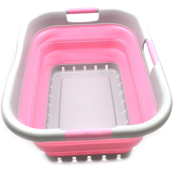 LibraMAL 41L (10.8 gallon) Collapsible 3 Handled Plastic Laundry Basket - Foldable Pop Up Storage Container/Organizer - Portable Washing Tub - Space Saving (3 handled rectangular, Grey/Pink)
