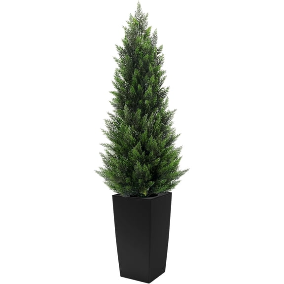LibraMAL 5FT Tall Artificial Cedar Topiary Tree with Compact Pyramidal Shape, Realistic Faux Cypress in Square Black Pot with Fillable Water Bag, Outdoor Evergreen for Front Porch Garden Home Decor