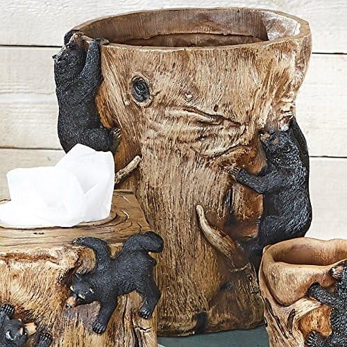 LibraMAL Climbing Black Bears Waste Basket Rustic Bathroom Trash Can 8.5" x 10"