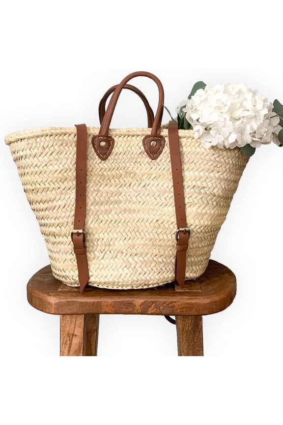 French Basket Backpack with Leather Strap, Straw Backpack, Beach Bag, Hipster Style, Handmade Summer Tote