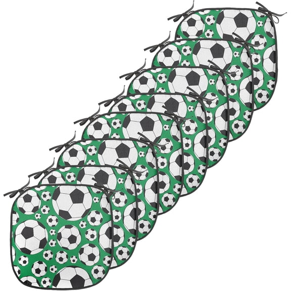 LibraMAL Soccer Chair Seating Cushion Set of 8, Various Sizes Footballs Pattern Active Lifestyle Popular Sport from Europe, Anti-Slip Seat Padding for Kitchen & Patio, 16"x16", Green Black White