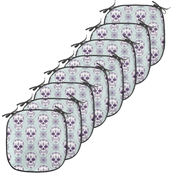 LibraMAL Sugar Skull Chair Seating Cushion Set of 8, Flower Pattern with Skulls on Geometric Floral Damask Background, Anti-Slip Seat Padding for Kitchen & Patio, 16"x16", Pale Blue Purple White