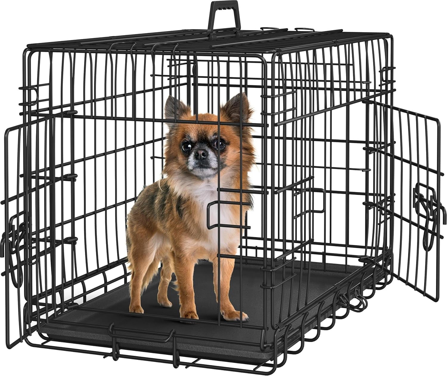 LibraMAl 24 inch Dog Crate Double Door w/Divider for Puppy Collapsible Metal Crate with Removable Tray Wire Kennel Pet Crate for Small Dogs Portable Travel Cage, Black