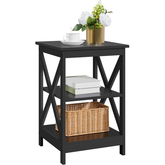 LibraMAl 3 Tier Sofa Side End Table with Shelf, X Shape Chair Side Coffee Snack Table for Living Room, Display Unit Organizer, Black