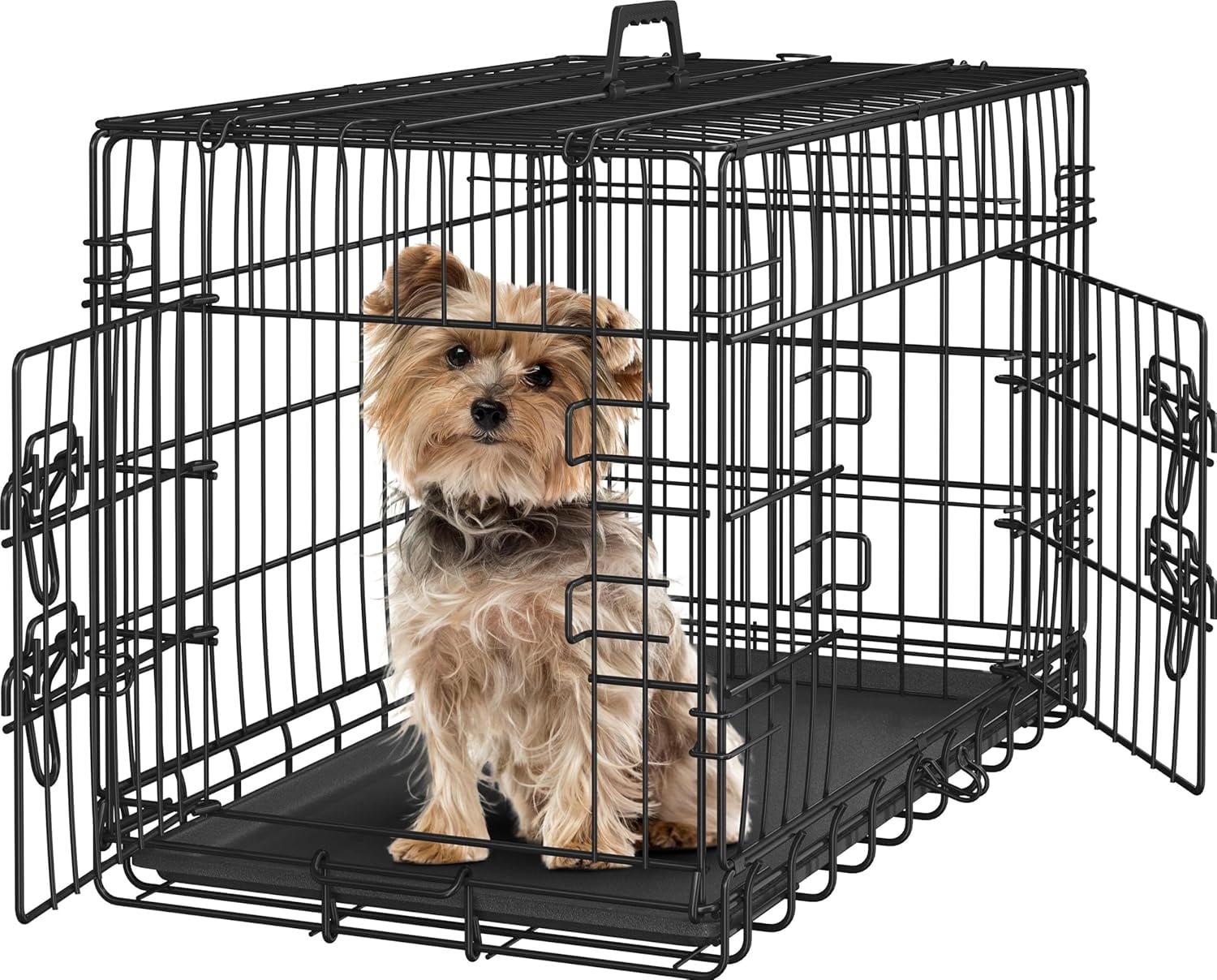 LibraMAl 30 inch Double Door Dog Crate w/Divider for Puppy, Collapsible Metal Dog Kennel with Removable Tray, Portable Travel Cage, Black