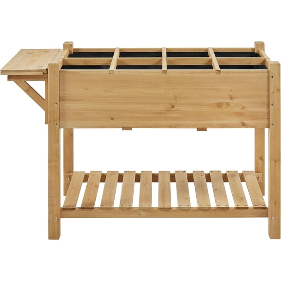 LibraMAl 49x22x32in 8 Pockets Horticulture Raised Garden Bed Elevated Wood Planter Box Stand with Foldable Side Table and Storage Shelf for Herb/Vegetables/Flowers, Light Brown