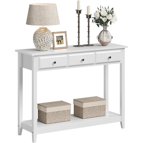 LibraMAl Console Table with 3 Drawers, 42" Entryway Table with Storage Shelves, Narrow Long Sofa Couch Tables for Living Room, Hallway, Foyer, Hall, White