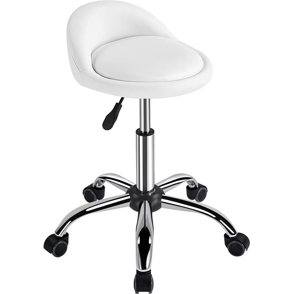 LibraMAl Rolling Stool Adjustable Swivel Stools Chair with Wheels & Back Support Round Tattoo PU Leather Salon Stools for Massage Spa, White