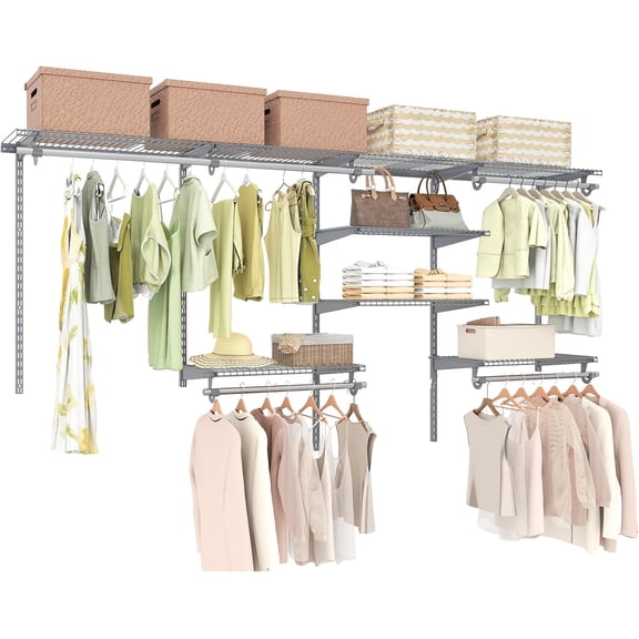LibraMal 4 to 8 FT Custom Closet System, Wall Mounted Closet with Hanging Rod, Metal Hanging Storage Organizer Rack Wardrobe with Shelves, Adjustable Closet System Kit for Bedroom (Gray)
