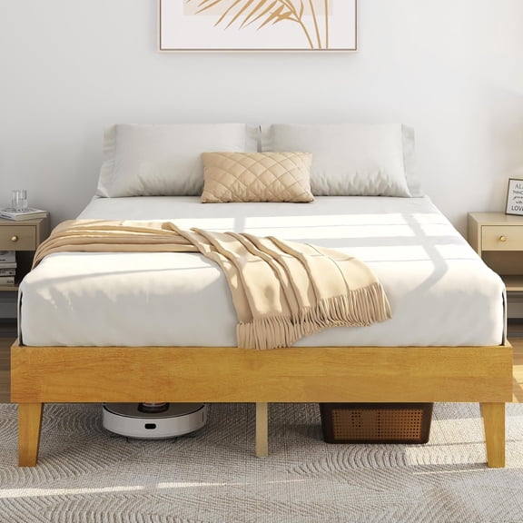 LibraMal Queen Bed Frame Natural Solid Wood Platform Bed with Wooden Slats Support, 7.3-inch Underbed Space for Storage, Noise-Free Design, Easy Assembly, Natural Wood Finish