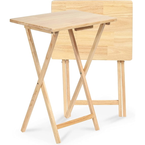 LibraMal Rectangle Folding Portable TV Snack Serving Tray Table, Solid Wood Construction with Natural Finish, Natural, 2 Piece Set