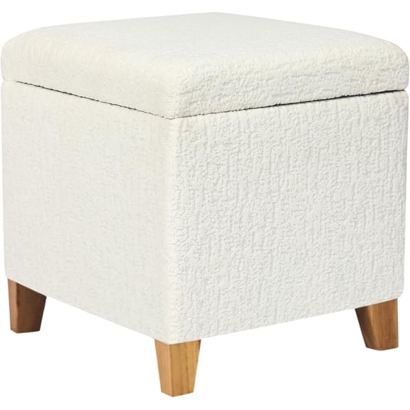 Librala 18 Inch High Faux Fur White Cube Ottoman Storage, 3D Embossed Velvet Chair Foot Stools, Upholstered Vanity Stool with Hinged Lid, Solid Wood Legs