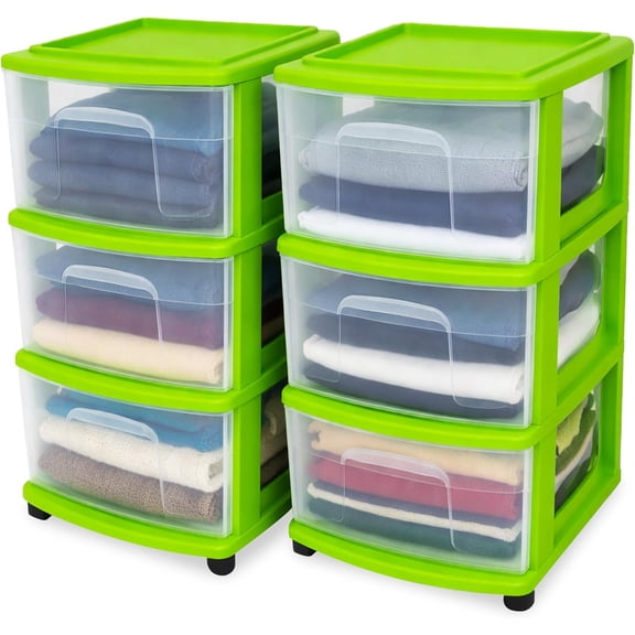 Librala 2-Pack Drawer Tower, 3-Tier Clear Plastic Storage Organizer Cart, Bold Lime Frame - Organizing Containers with Wheels for Home, Bathroom, Bedroom, Office, and Classroom