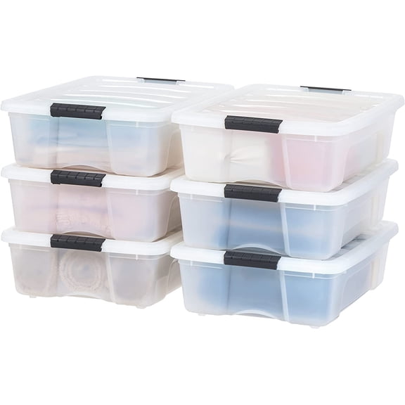 Librala 27 Qt Stackable Plastic Storage Bins with Lids, 6 Pack Discreet Organizing Solution, Latches, Durable Nestable Containers, Secure Pull Handle - Pearl