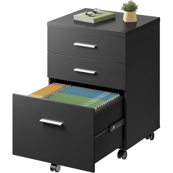 Librala 3 Drawer File Cabinet for Home Office, Wood Under Desk Filing Cabinet, Rolling Printer Stand with Wheels, Black