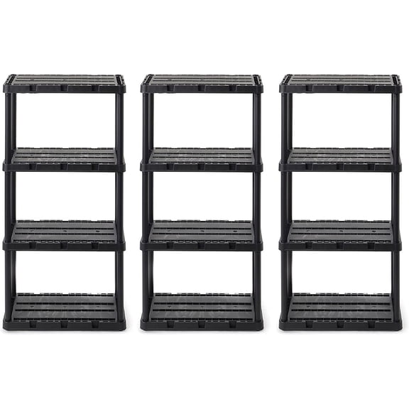 Librala 3 Pack Light Duty Storage Shelves, Knect-A-Shelf 4-Shelf Ventilated Shelving Rack Organizer for Home, Garage, Basement & Laundry, Black