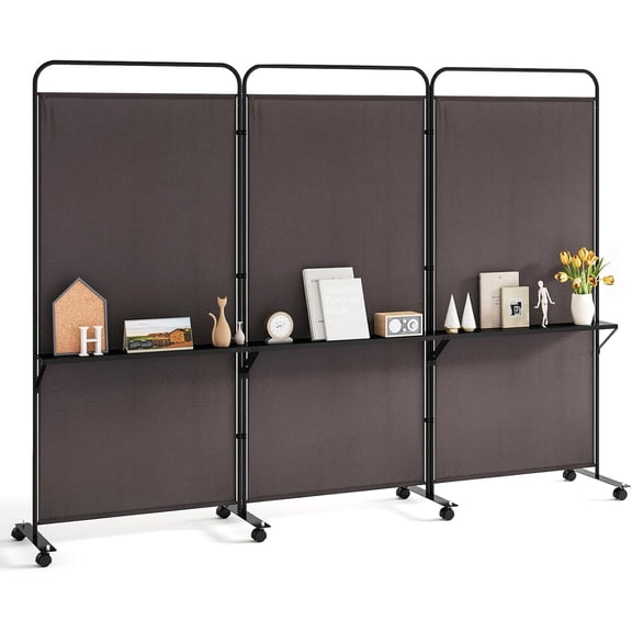 Librala 3 Panel Room Divider with Wheels and Shelves, 103" W x 74" H Folding Privacy Screen, Rolling Partition Separator for Home Office Studio, Fabric Wall Divider for Room Separation (Brown)
