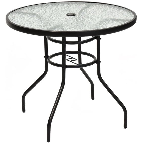 Librala 32" Round Outdoor Table with Tempered Glass Top, Patio Dining Table with Umbrella Hole & Metal Frame, Outside Bistro Table for Backyard, Lawn, Deck & Poolside