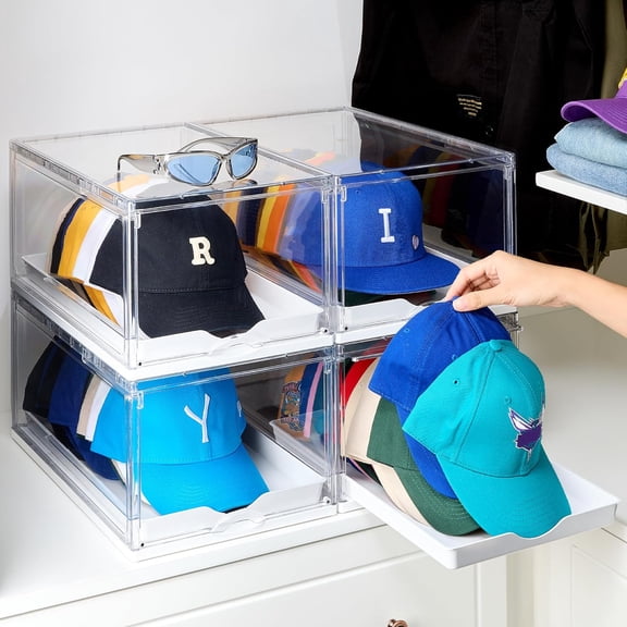 Librala 4 Pack Hat Organizer for Baseball Caps, Clear Hats Holder Box with Drawer, Large Cap Storage with Sliding Tray, Stackable Rack Display Case with Magnetic Door, Each Holds 12 Hats