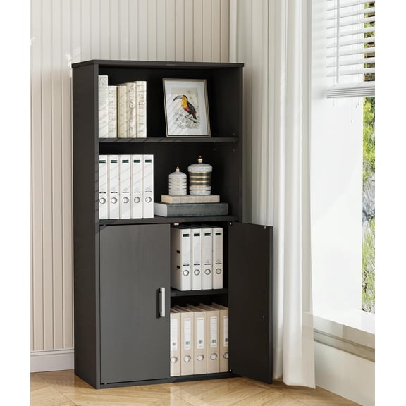 Librala 4-Tier Display Cabinet with Storage, Wooden Freestanding Bookcase, File Cabinet with Adjustable Shelves for Home Office, Kitchen, Living Room, Black