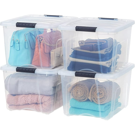 Librala 40 Qt Stackable Plastic Storage Bins with Lids, 4 Pack - BPA-Free, See-Through Organizing Solution, Latches, Durable Nestable Containers, Secure Pull Handle - Clear