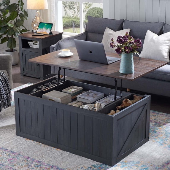 Librala 48" Lift Top Coffee Table, Farmhouse Cocktai with Sliding Groove Barn Door, Rustic Wood Center Table w/Double Storage Spaces for Living Room, Dark Grey