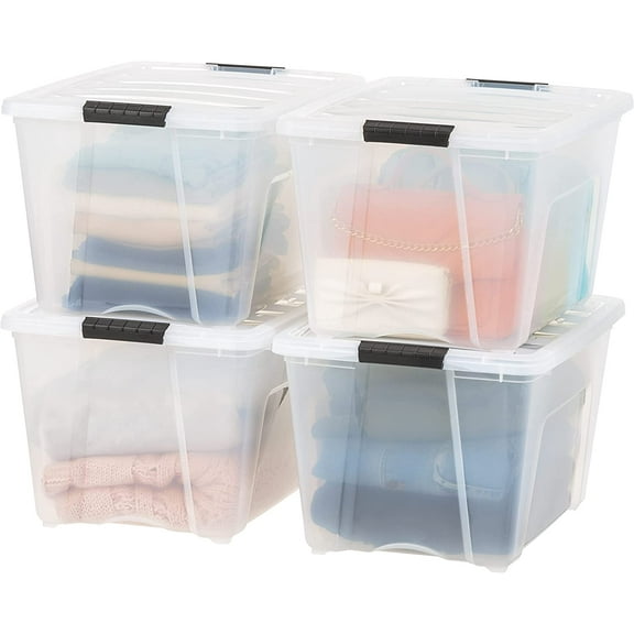 Librala 54 Qt Stackable Plastic Storage Bins with Lids, 4 Pack  See-Through Organizing Solution, Latches, Durable Nestable Containers, Secure Pull Handle - Clear