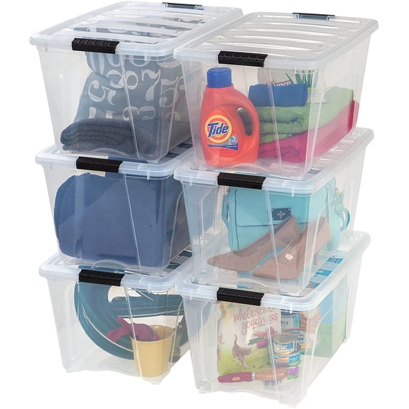 Librala 54 Qt Stackable Plastic Storage Bins with Lids, 6 Pack - BPA-Free See-Through Organizing Solution, Latches, Durable Nestable Containers, Secure Pull Handle - Clear