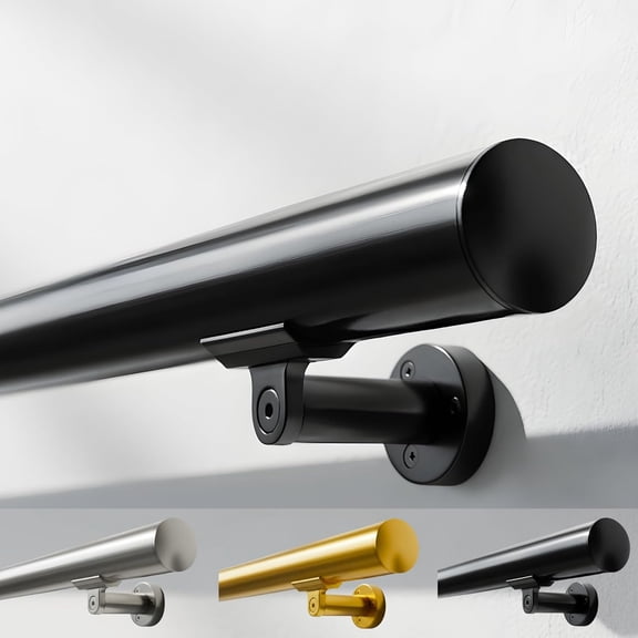 Librala 5FT Aluminum Handrail Kit for Indoor/Outdoor Stairs (218 FT Available) 1.6" Round Wall Mount Stair Railing, Matte Black, with Adjustable Steel Brackets Complete DIY Grab Bar Kit