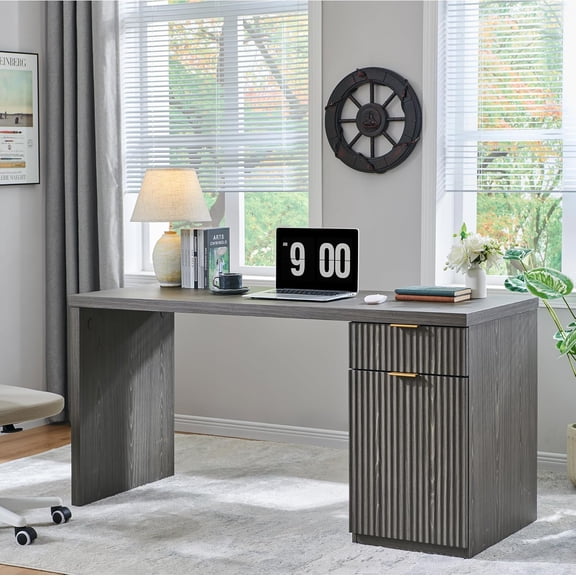 Librala 60" Modern Executive Desk, Reversible LeftRight Cabinet, Builtin Outlet | Reversible design lets you fix the cabinet on lefthand or righthand side to fit your room layout