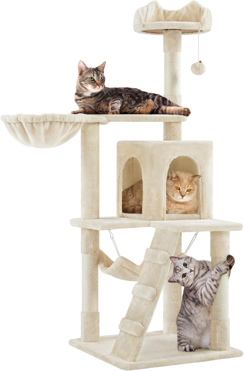 Librala Cat Tree, 54in Tall Cat Tower for Indoor Cats with Extended Platform & Basket, Spacious Cat Condo, Funny Hammock, Scratching Posts and Ladder, Beige