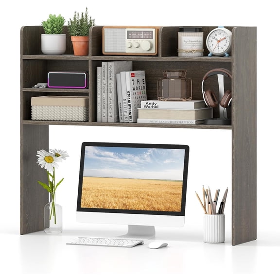 Librala Desktop Bookshelf for Computer Up to 32, 37 Countertop Storage Hutch with 6 Storage Shelves, 3-Tier Desktop Organizer Display Rack, Wooden Desk Hutch for Dorm Home Office (Grey,6 Shelves)