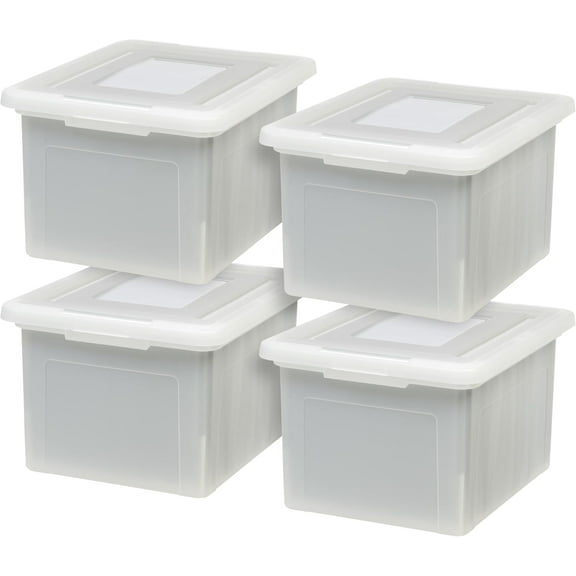 Librala File Box, Plastic File Organizer with Lids for Letter/Legal File, Portable Document Box For Moving, Storage Bin with Durable and Secure Lid, Stackable Nestable BPA-Free, Pearl 35 Qt. 4 Pack