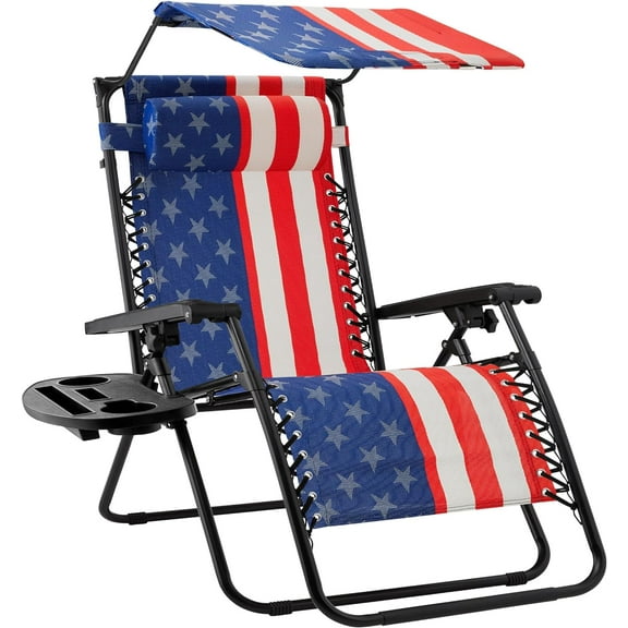 Librala Folding Zero Gravity Outdoor Recliner Patio Lounge Chair w/Adjustable Canopy Shade, Headrest, Side Accessory Tray, Textilene Mesh - American Flag