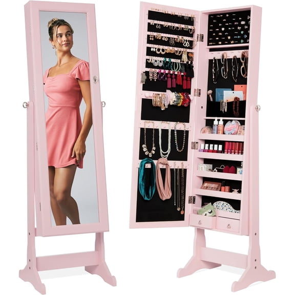 Librala Freestanding Jewelry Armoire Cabinet, Full Length Standing Mirror, Lockable Makeup Storage Organizer, w/Velvet Lining, 3 Angles, Lock, Accessory Pouch, 5 Shelves - Dusty Pink