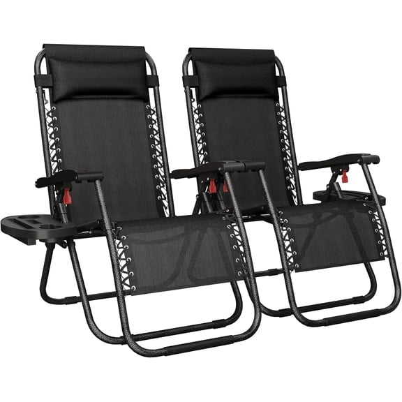 Librala Grace 26" Zero Gravity Recliners Outdoor Adjustable Folding Reclining Lounge Chairs w/Pillows, Cup Holder Trays and Carry Strap for Patio Backyard Beach New Black Set of 2