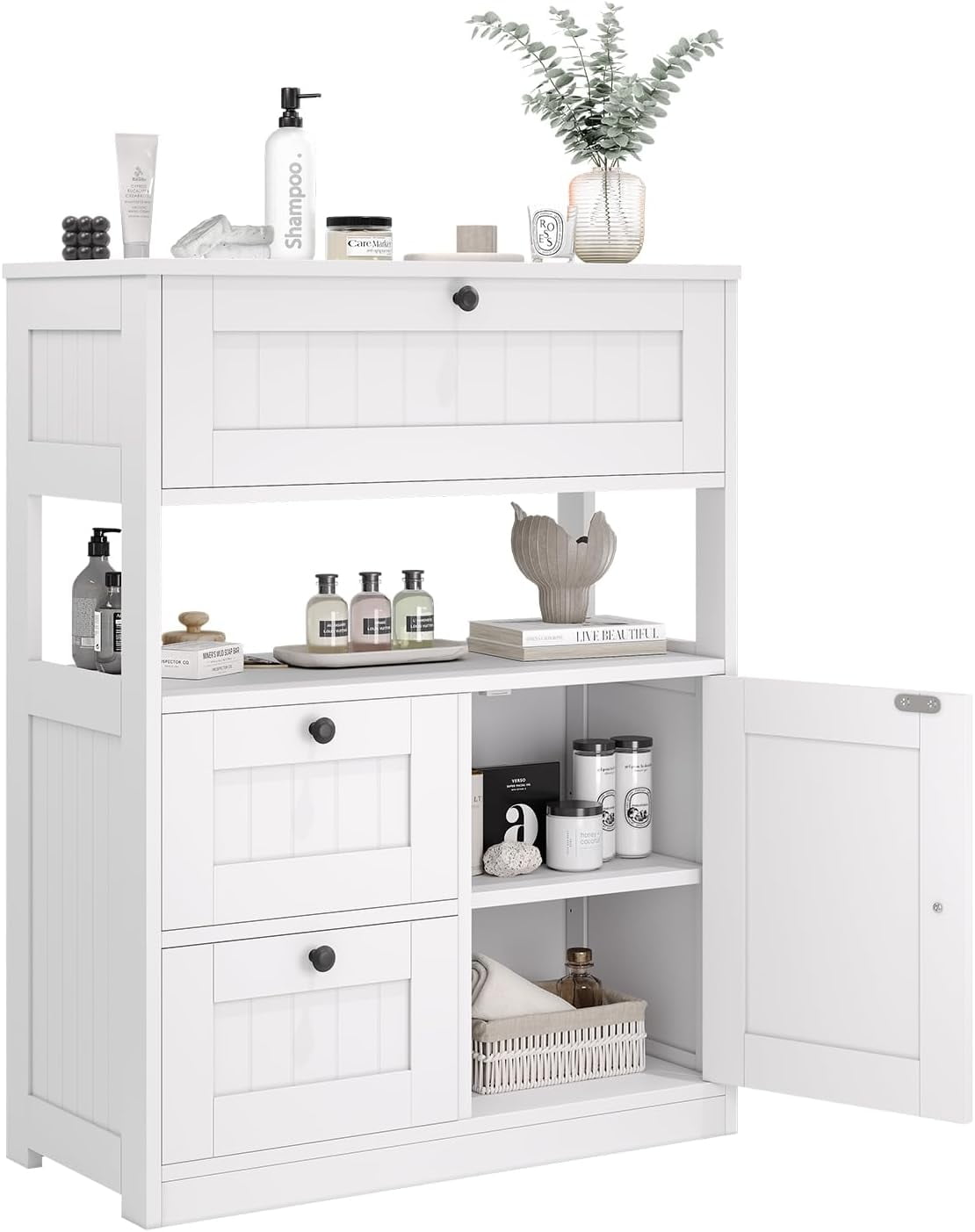 Librala Grace Bathroom Cabinet, Modern Bathroom Floor Storage Cabinet Organizer with 1 Door and 3 Drawers, Freestanding Cupboard for Kitchen/Living Room Use