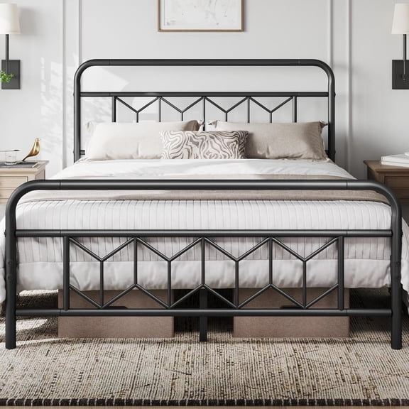 Librala Grace Metal Platform Bed Frame Mattress Foundation with Diamond Pattern Headboard/Footboard/Heavy Duty Steel Slat Support/Under Bed Storage/No Box Spring Needed/Queen Size Black