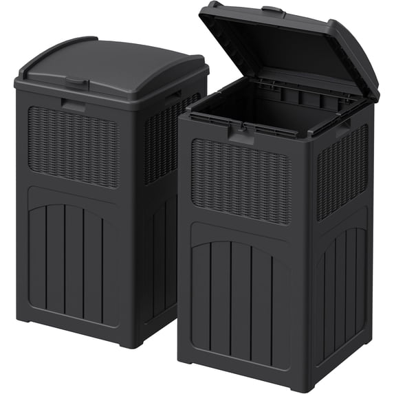 Librala Lane 33 Gallon Outdoor Trash Can with Dual Lid, Heavy Duty Waterproof Resin Garbage Bins Outside, Hideaway Waste Bins for Patio, Outside Pool, Backyard and Deck (2, Black)