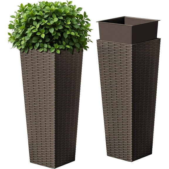 Librala Lane Resin Tall Planters for Outdoor Plants Set of 2, Large Taper Outdoor Planter Pots with 4 Drainage Holes, Flower Pots Modern Decor for Porch, Patio, Backyard, Home Garden (Brown, 24")