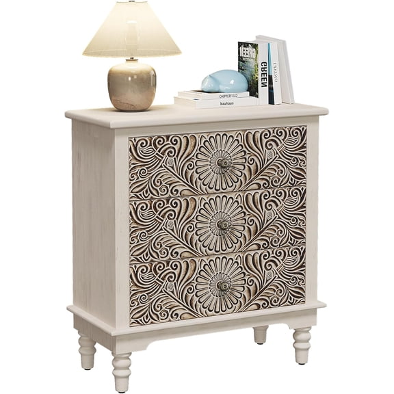 Librala Nightstand w 3 Drawers, 26" Vintage Bedside Table, End Table Living Room Small Side Table, Lightweight MDF Accent Table Bedside Furniture