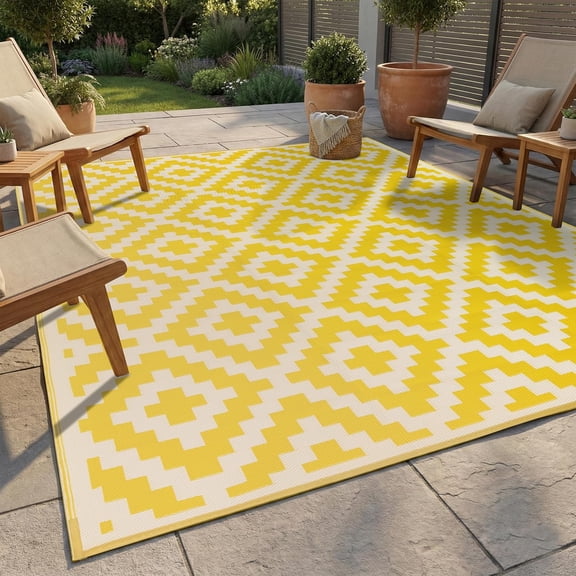 Librala Outdoor Camping Rug - Waterproof, Fade Resistant, Reversible - Premium Recycled Plastic - Geometric - Large Patio, Deck, Sunroom, RV - Aztec - Yellow & White - 9 x 12 ft Foldable