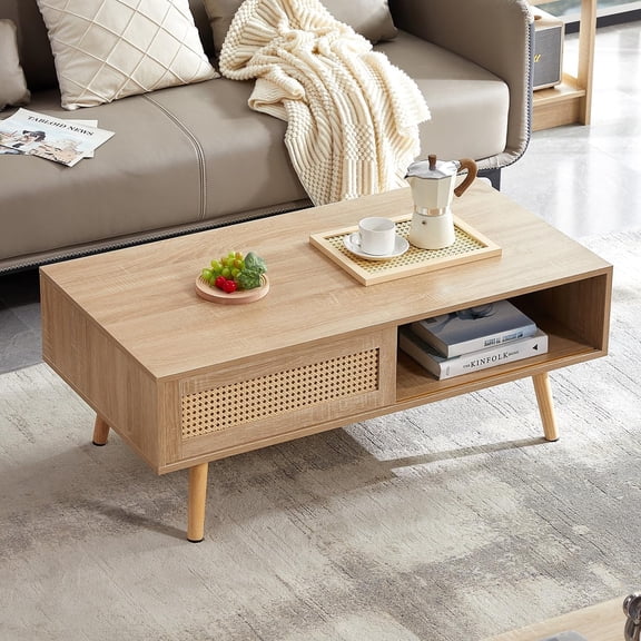 Librala Rattan Coffee Table, 40.3" Mid Century Modern Coffee Table with Storage, Farmhouse Rectangle Wooden Accent Center Sofa Table with Rattan Sliding Door, for Living Room Christmas-Natural