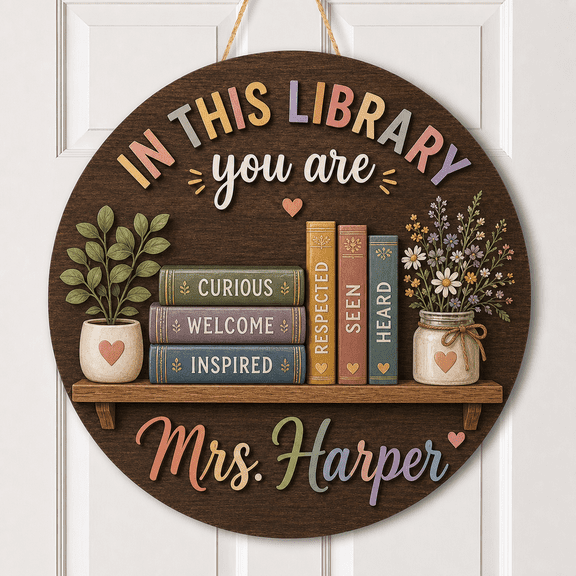 Librarian Bookshelf Floral Wooden Sign Library Office Gift