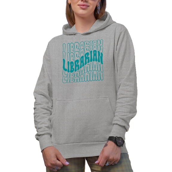 Librarian, Groovy Retro Wavy Text Merch Gift, Heather Grey Hooded Sweatshirt or Hoodie, Large