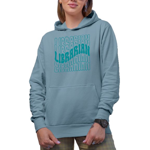 Librarian, Groovy Retro Wavy Text Merch Gift, Light Blue Hooded Sweatshirt or Hoodie, Small