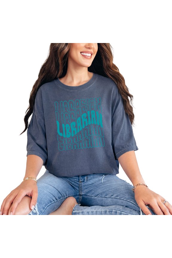 Librarian, Library Themed, Groovy Retro Wavy Text, Denim Comfort Colors T-Shirt, Small