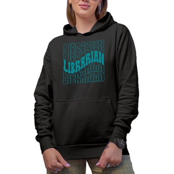 Librarian, Library Themed, Groovy Retro Wavy Text Merch Gift, Black Hooded Sweatshirt or Hoodie, Large